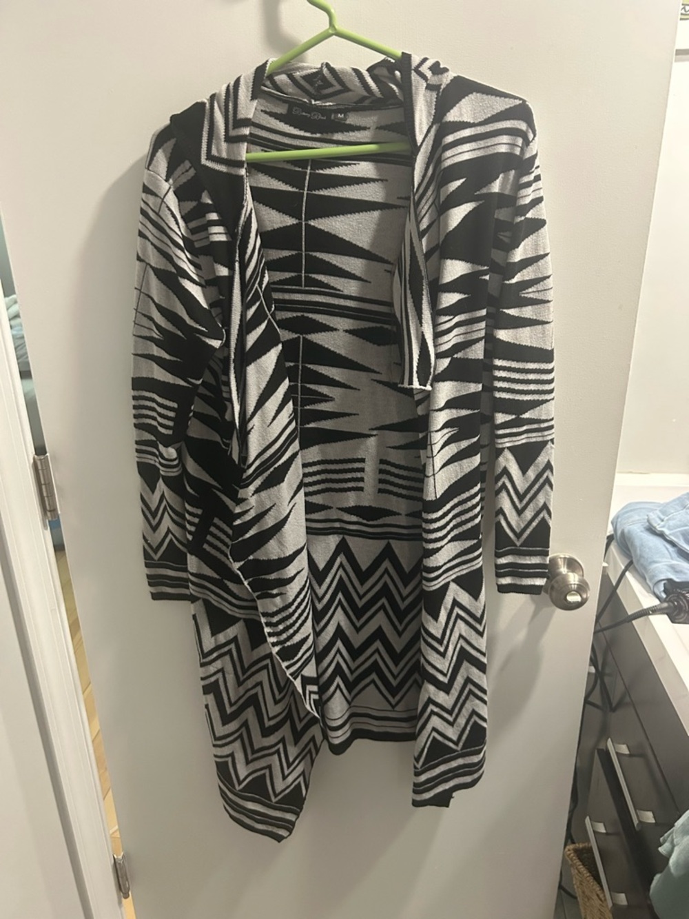 Brittany Black Black & White Geometric Hooded Open Cardigan